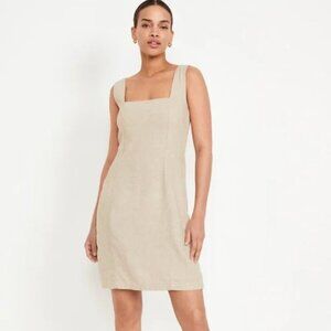 Sleeveless Linen/Cotton Blend Mini Dress Neutral Beige Tan Button Side